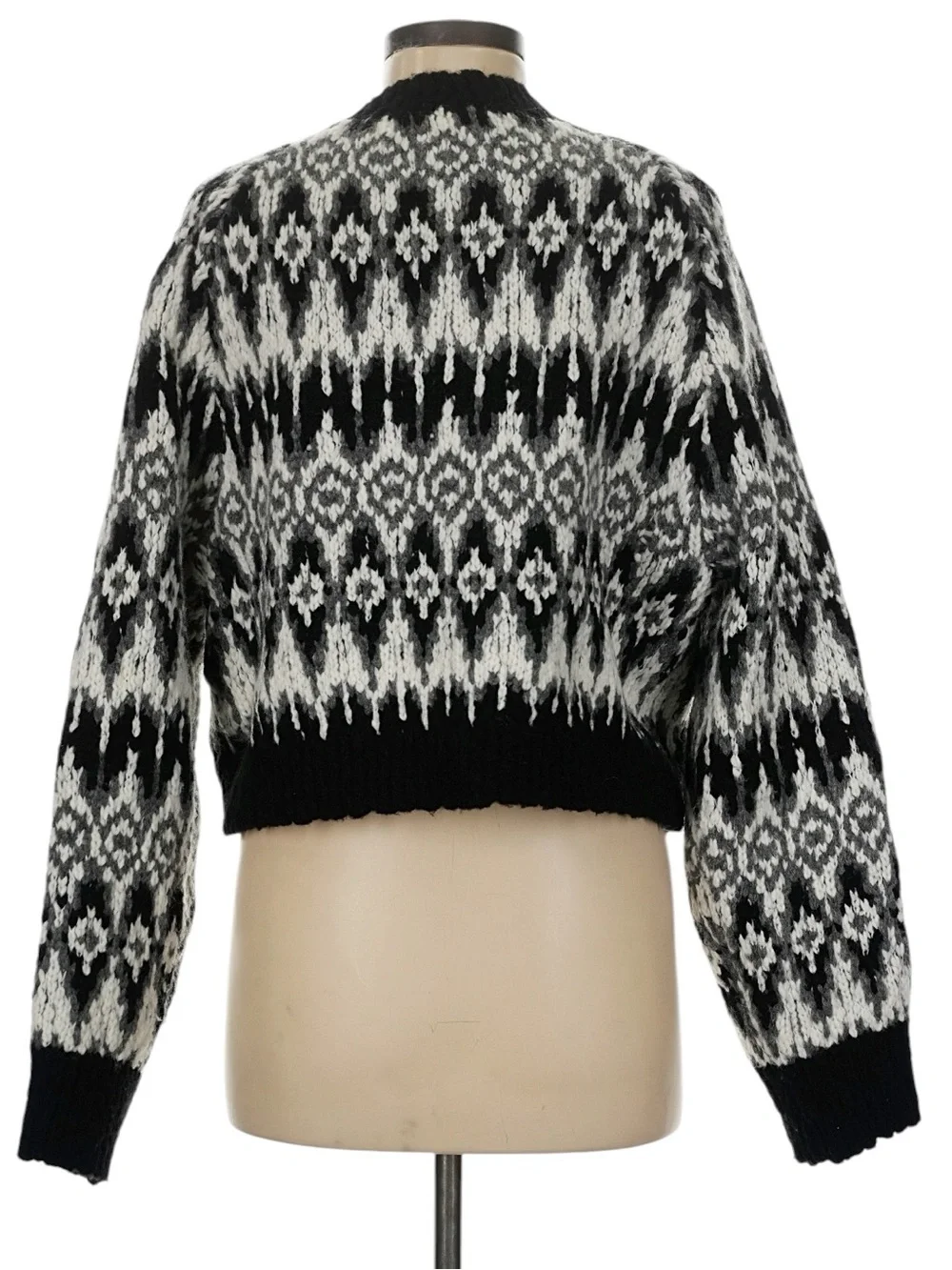 J. Crew Cropped Fair Isle Cardigan Size Medium Black White Textured Chunky Wool